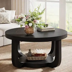 LITTLE TREE Round Coffee Table, 2-Tier Circle Coffee Table with Storage, Modern Wooden Accent Center Table for Living Room, Thick Tabletop & Base, Black