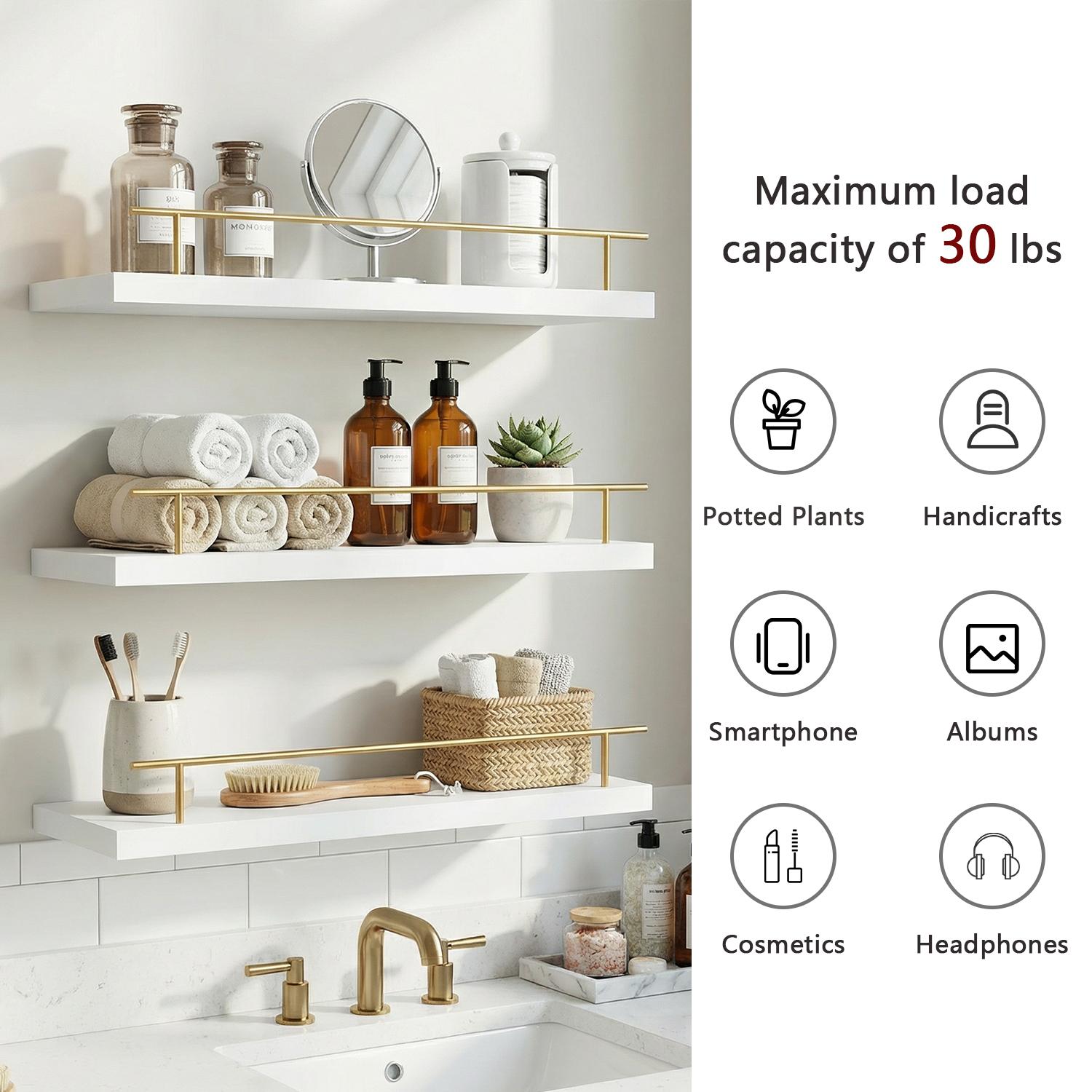 Spaco 15.7" Maple White Floating Wall Shelves - Modern Wood Storage for Bathroom, Bedroom, Kitchen & Living Room (Gold railing,Invisible Brackets, Decorative & Functional for Books & Organization)