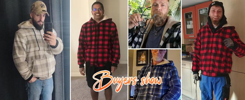 ZITY Heavy Thick jackets for Men Plaid Flannel Warm Sherpa Fleece Lined Winter Full Zip Up Coat with Hood Casual Fashion Sweatshirt Black Checked