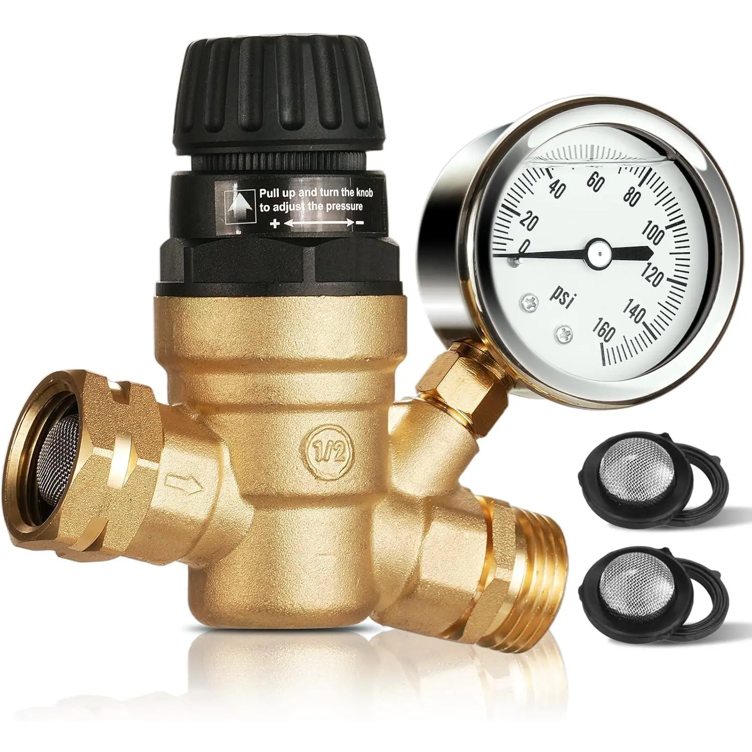 RV Water Pressure Regulator, Brass Lead-Free Adjustable Water Pressure Reducer with Gauge, Tool-Free Hand-Turn 0-160 PSI, 3/4" GHT for RV, Camper, Trailer, Garden Hose