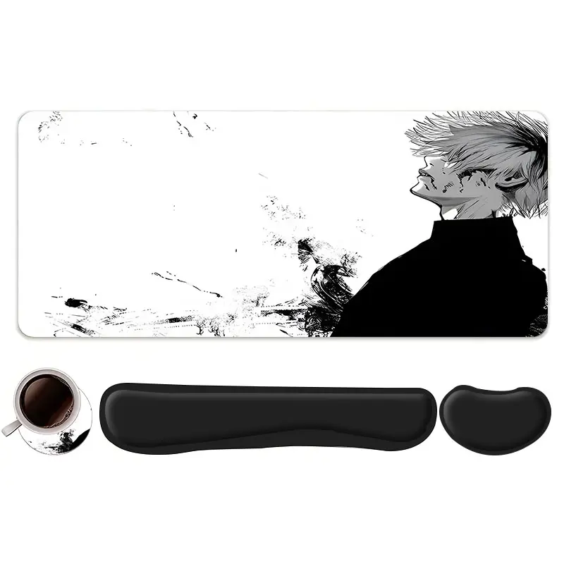 4pcs Bloody Anime Ninja Pattern Design Mouse Pad + Keyboard Wrist Rest + Ergonomic Mouse Pad + Coaster Set For Desktop  Decoration, Office Accessories Set Ergonomic Wrist Support, Computer Mat Mouse Pad Coaster Suitable For Home Office Gaming, a good gift