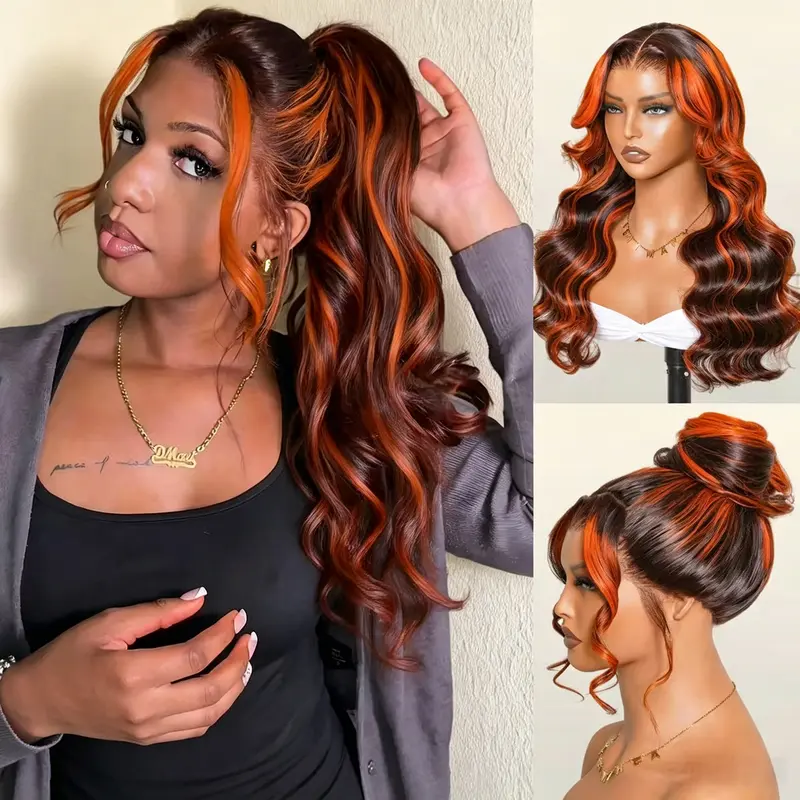 【 Salon Style at Home 】Ginger Highlights On Brown Hair 360 Lace Frontal Invisi Strap Skin Lace Invisi Drawstring Snug Fit Body Wave Human Hair Wig