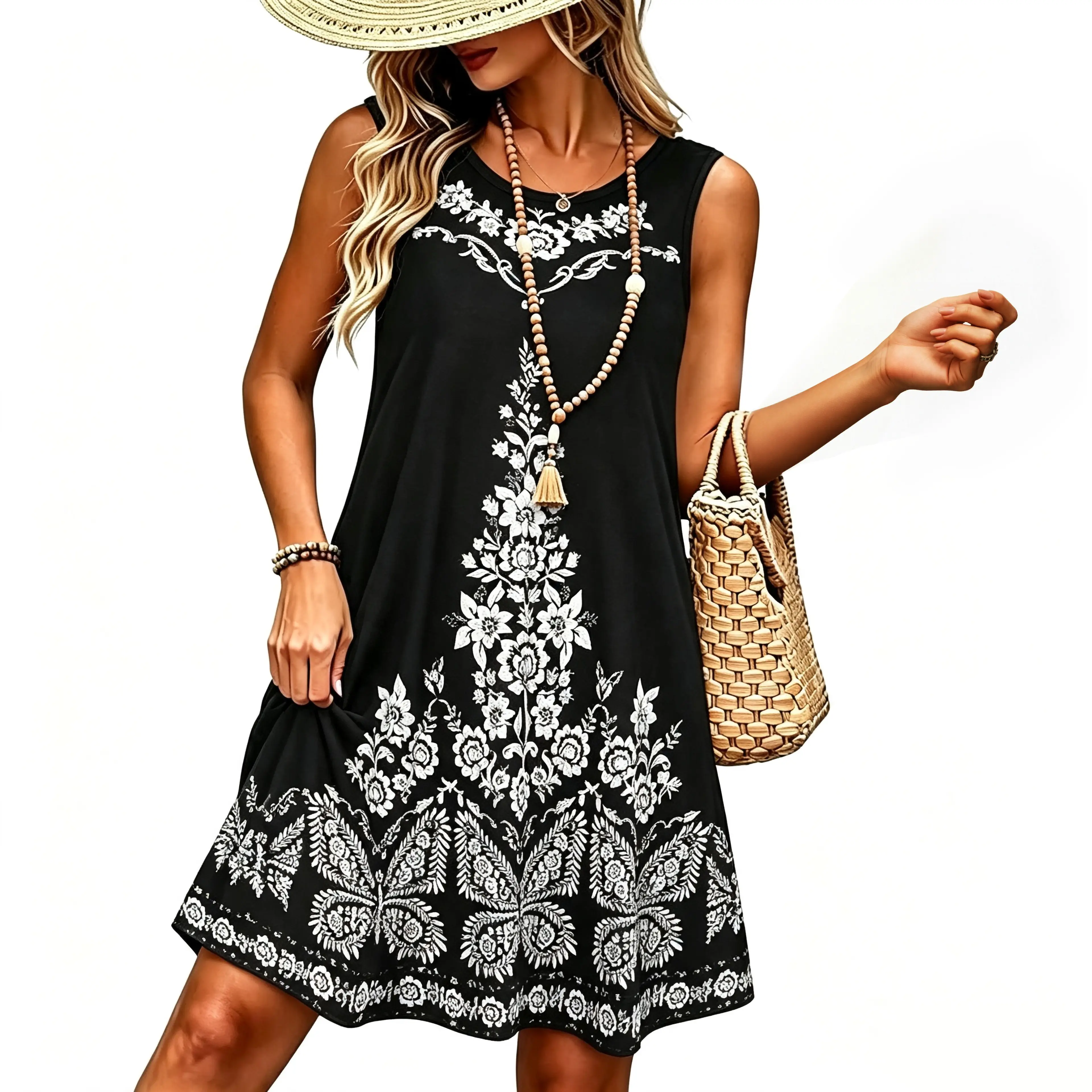 Women’s Gift Choice Sleeveless Hawaiian Sundress, Tropical Butterfly Floral Print Milk Silk Sleeveless A-Line Vacation Dress,S-6XL