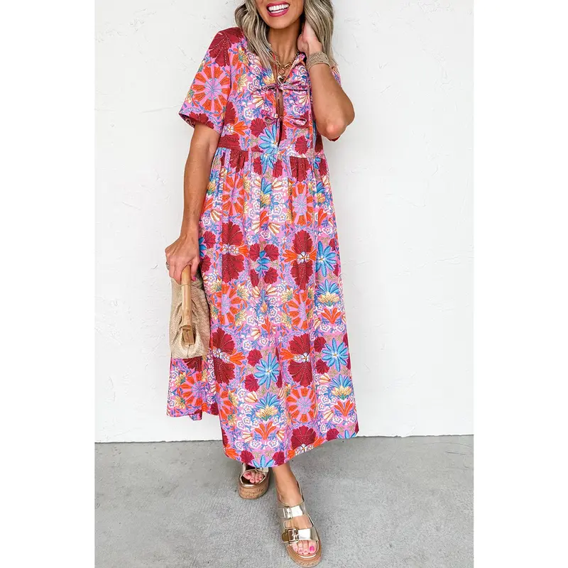 knee length dresses for ladies Florals in Focus Multi Floral Linen Blend Tie Front Maxi Dress main image 1