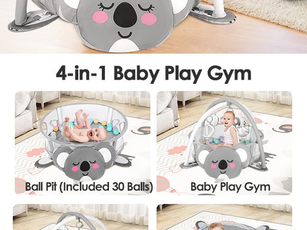 Dearlomum 4-in-1 Baby Play Mat Elephant Gym Tummy Time Mat for Floor Activity with 30 Balls & 5 Sensory Toys for Newborn Toddler Boy & Girl Gifts Playpen Cute