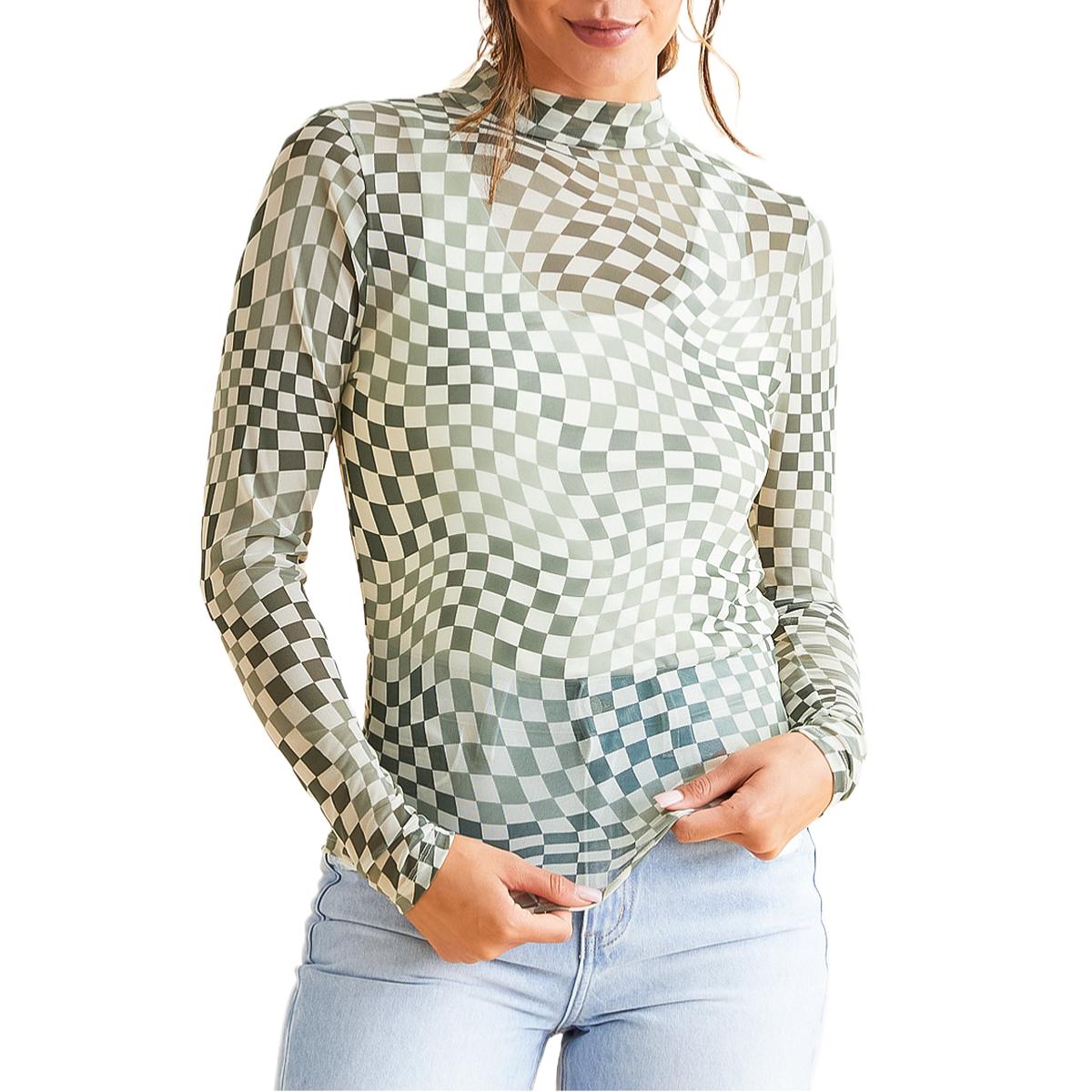Znacicc Women's Super Chic Checkered Mesh Mock Neck  Winteroutfit Long Sleeve Top - Chic Shirt for Women - Womenswear