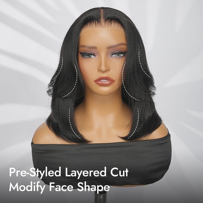 [Valentine's Day Essential] Wiggins Hair 220% Density Glueless Layered Cut Yaki Straight Bob Wig 7*5 Lace Closure Wigs Human Hair Ready To Go And 13*4 Lace Front Wig Pre Cut Lace Pre Plucked Beginner Friendly