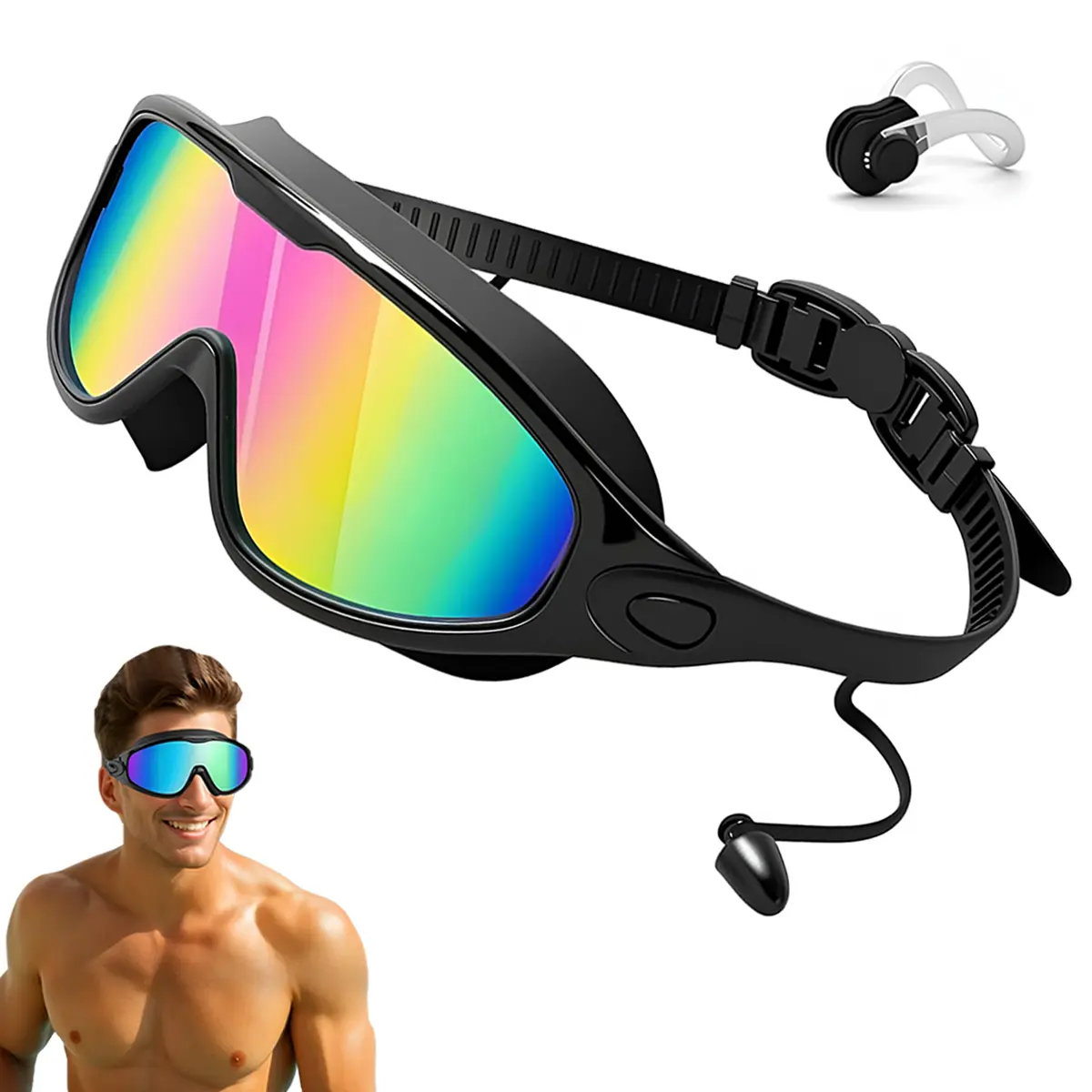 Swim Goggles for Adult/Youth Men Women, Anti-fog UV Protection No Leak 180° Wide View Clear Vision Pool Goggles, Pool Goggles with Earplugs