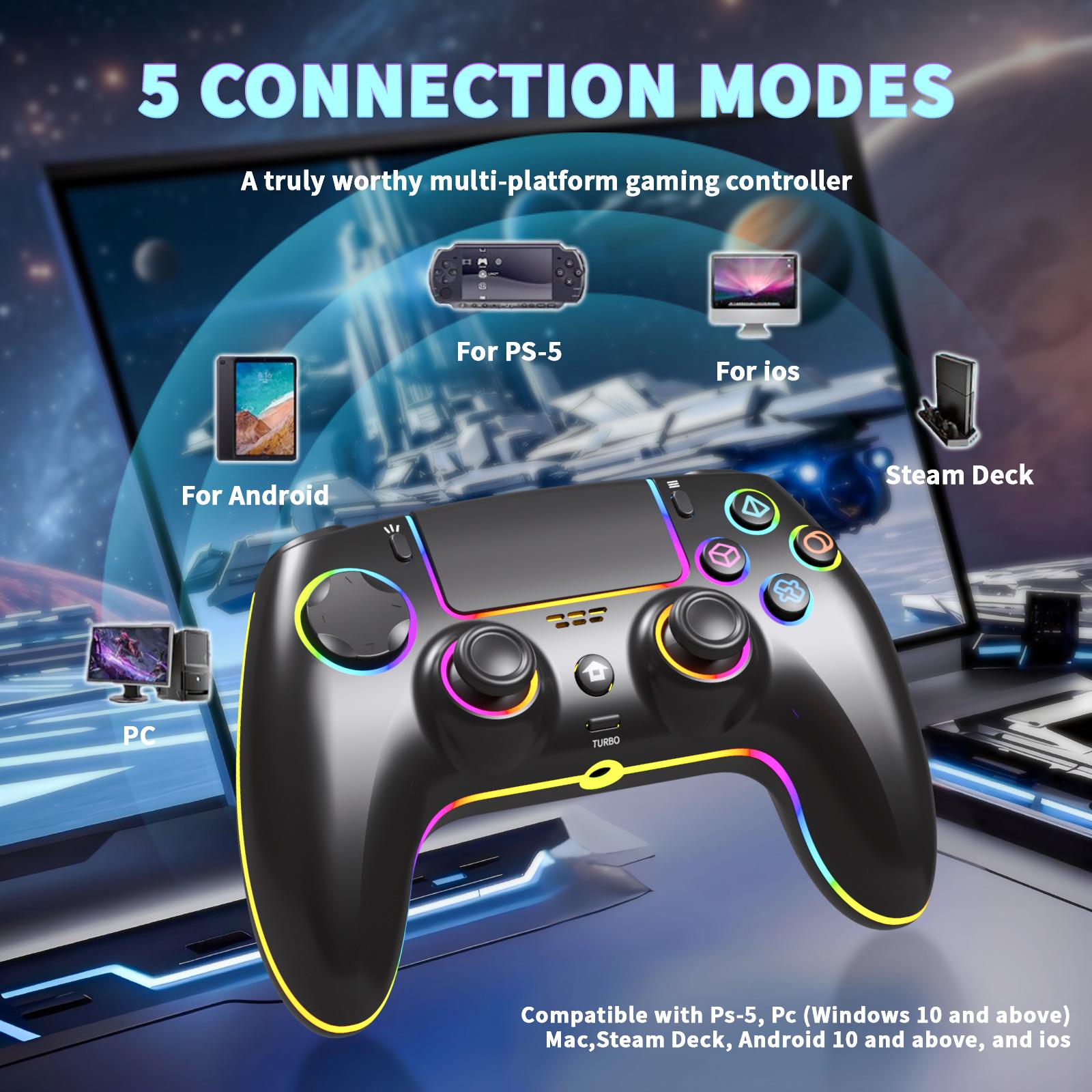 Wireless RGB PS-5 Hall Controller for PS5 & PC with Hall Effect Sticks No Drift Programmable Back Buttons Turbo 6 Axis Gyro Dual Vibration & Touchpad Gaming Accessories Game Peripherals