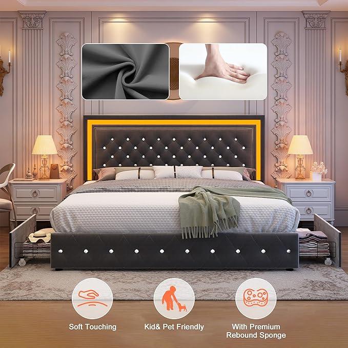 GEGOFORU Queen LED Storage Platform Bed with 4 Drawers, Adjustable Upholstered Headboard, Smart RGB Lights, Noise-Free, No Box Spring Needed, Easy Assembly, Grayring Needed, Easy Assembly, Gray