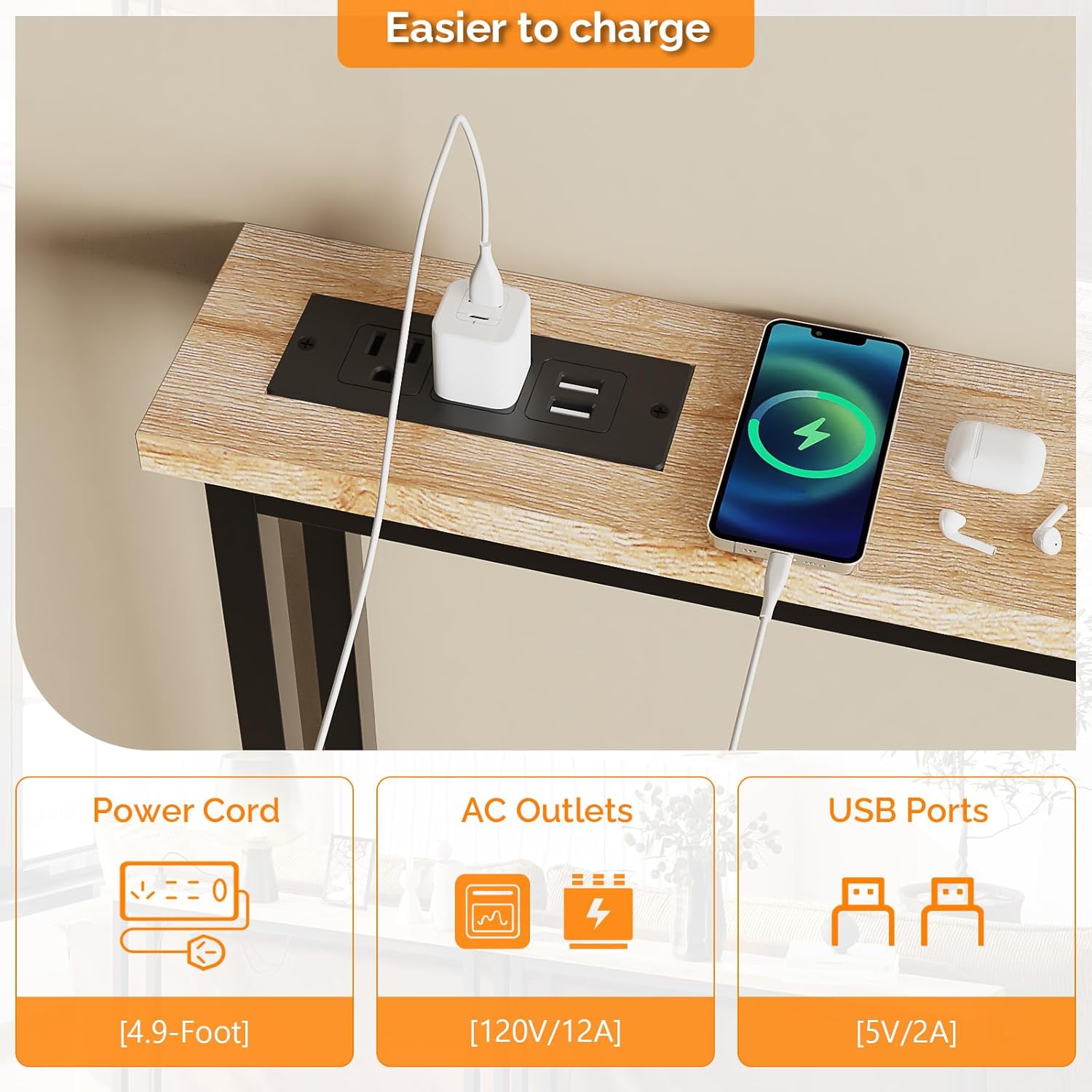 Ubesgoo 1/2 Pack 39.4" Narrow Console Sofa Table with Power Outlets and USB Ports, Long Couch Table with Metal Frame and Charge Station with 4.9ft Extension Cord