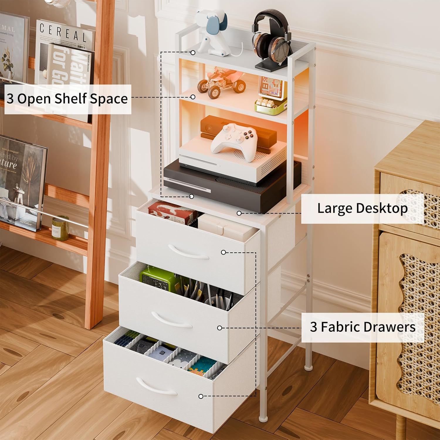 Tall Nightstand with Charging Station, 41 Inch Led Night Stand with U-S-B Port & Socket, 3 PU Finished Fabric Storage Drawers, Office, Bed Side Table & Bookshelf in One, White