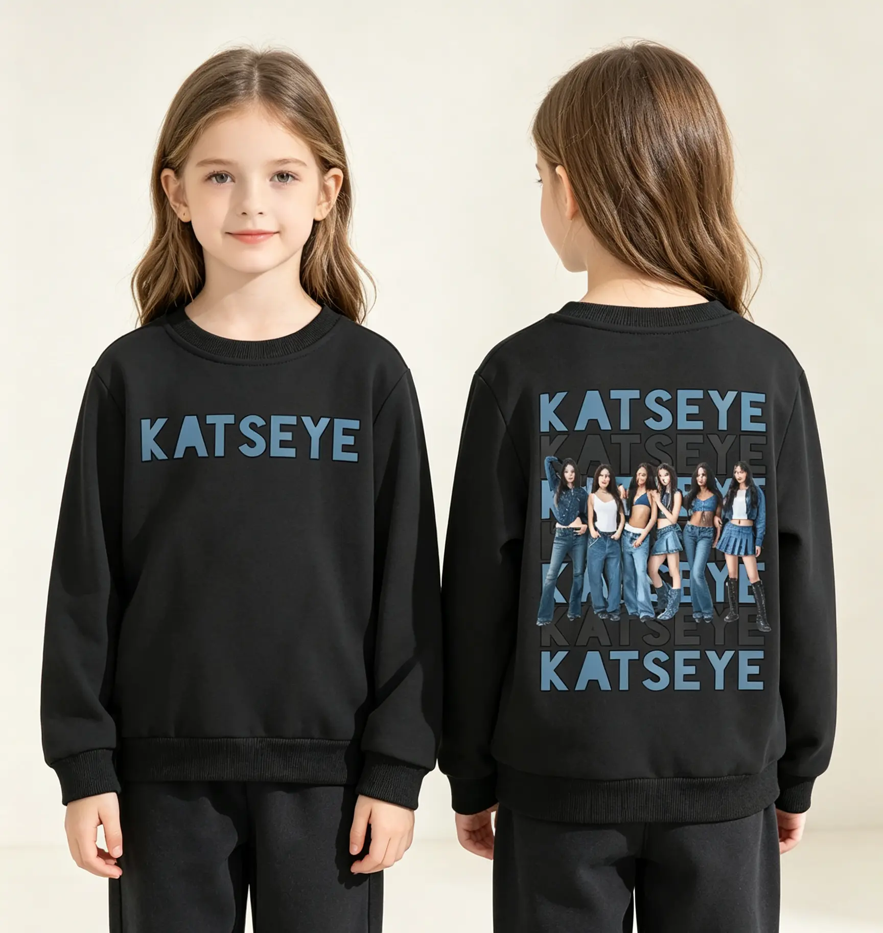 KATSEYE Girl Group Front And Back Print Crewneck Sweatshirt, Trendy Kpop Long Sleeve Pullover Top, Casual Fan Merch Sweatshirt For Teens