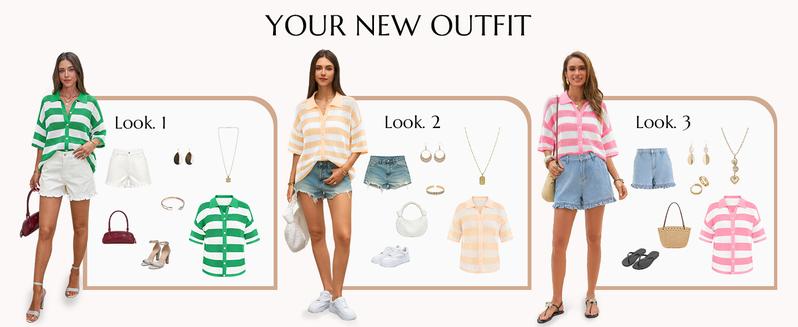 Cicy Bell Womens Summer Striped Crochet Cardigan Sweater Half Sleeve Button up Tops Loose Fit Cover Up