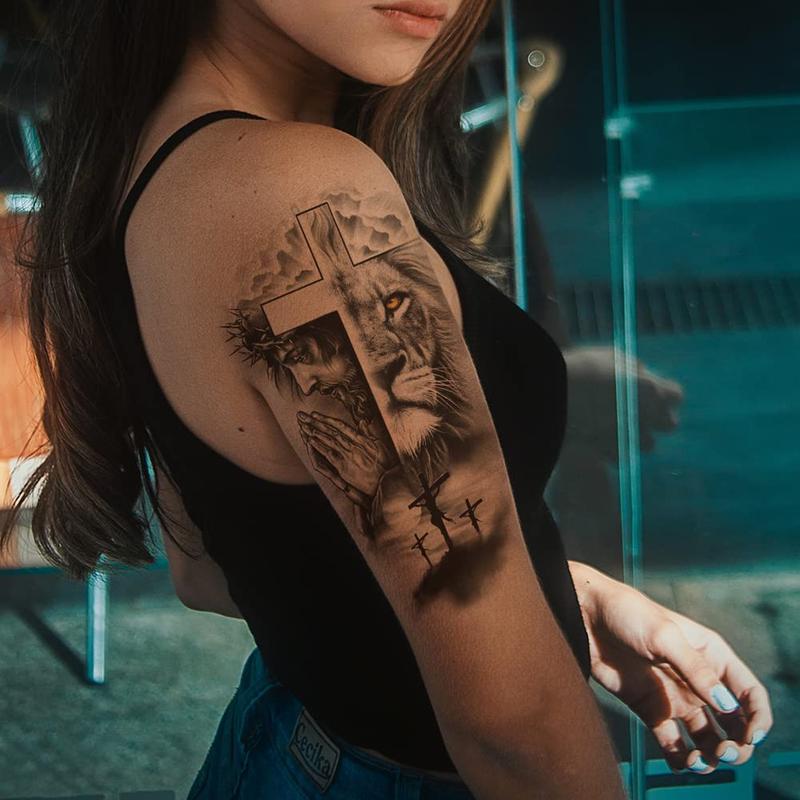 2 Sheets Waterproof Fake Forest Lion Jesus Cross Old School Arm Leg Temporary Tattoo