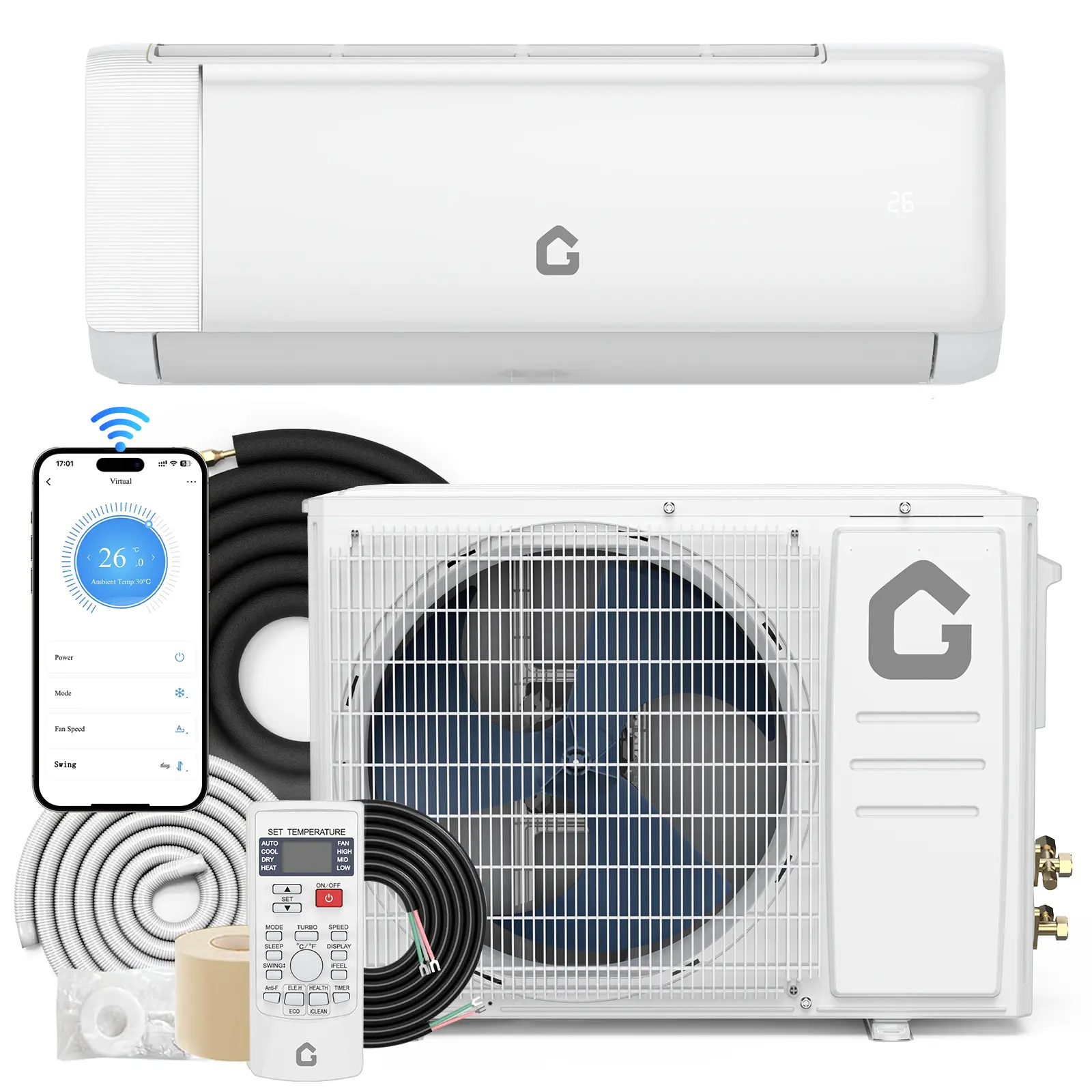 Garvee 9K/12K/18K/24K BTU Ductless Mini Split Central Air Conditioner & Heat Pump - 21 SEER2 Inverter System - WiFi, Dehumidifier, Quiet, Energy Efficient - 230V - Remote & Installation Kit - Rooms Up to 1,250 Sq. Ft.