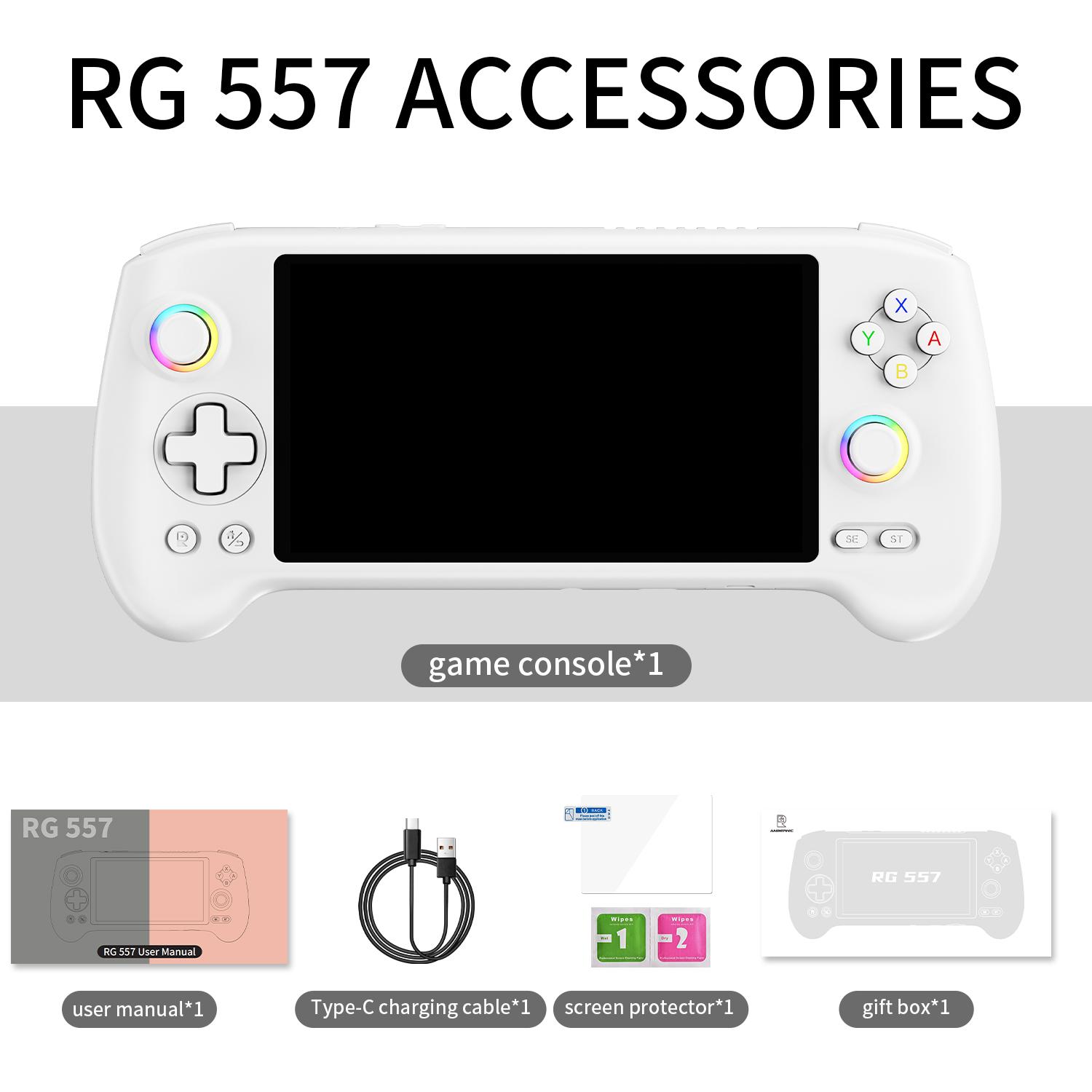 Anbernic RG557 Handheld Game Console【Buy 1 Get 1 HDMI Cable(8K)+1 Multi-Port Adapter+1 Type-C Cable+Joystick Cap*2 Pairs 】 Android 14 AMOLED Touch Screen 1080*1920 Dimensity 8300 Processor Octa-core CPU Six-axis Gyroscope Sensor Ready to Play Gift Package