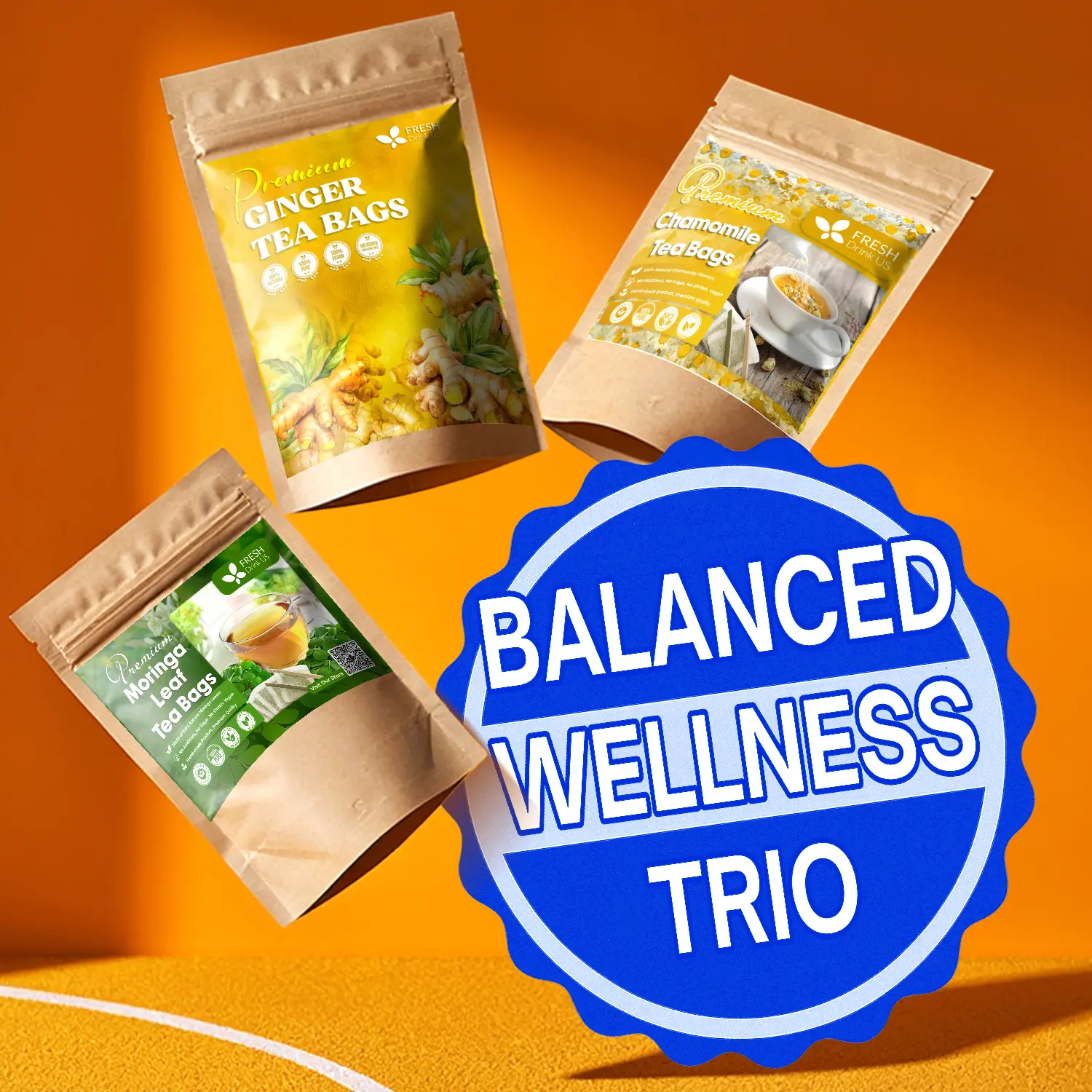 【FreshDrinkUS】 Balanced Wellness Trio, Chamomile Flower, Ginger Root & Moringa Leaf Herbal Tea Bags, 100% Natural & Pure Flowers, Roots and Leaves, Eco-Conscious Tea Bags, No Sugar, No Caffeine, No Gluten, Vegan – Herbal Beverage