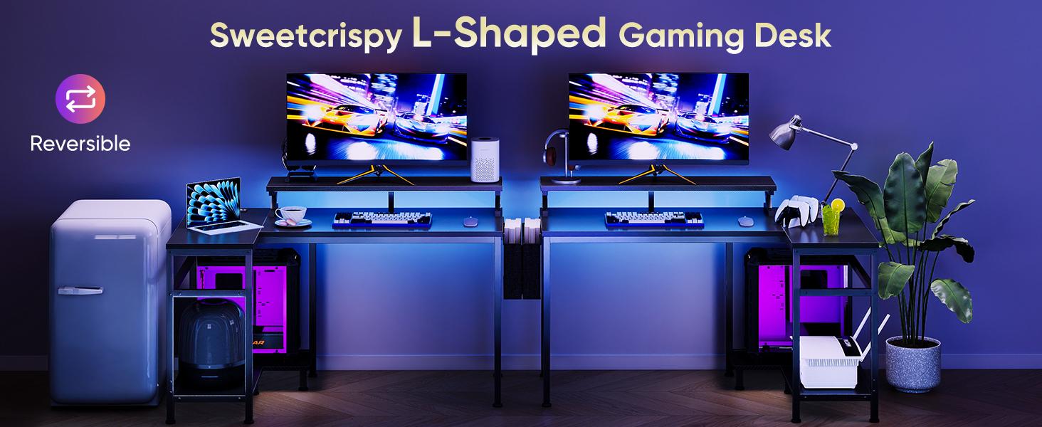 L Shaped Computer Desk with Monitor Stand, LED Lights & Power Outlets, Corner Gaming Desk with Storage Shelf, Home Office Study Desk