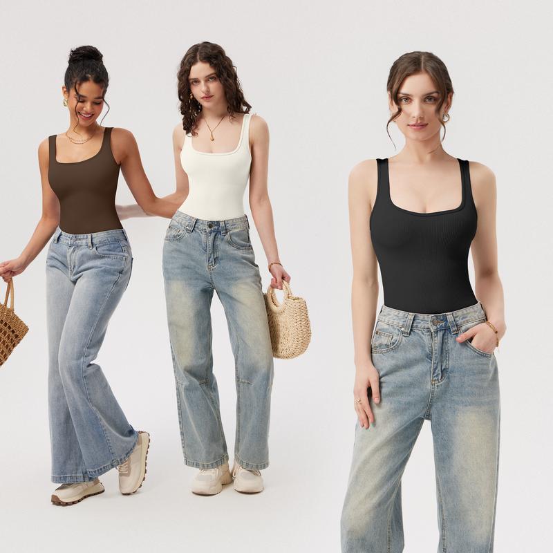 OQQ Women's Bodysuits Sexy Ribbed Sleeveless Square Neck Bodysuits