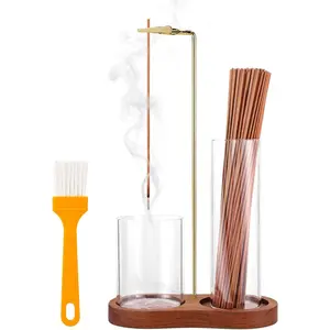 2 in 1 Incense Holder for Sticks with Glass Ash Catcher, Upside Down Anti-Ash Incense Stick Burner, Modern Vertical Incense Holder for Yoga, Spa, Meditation and Home Decor Reddish Brown