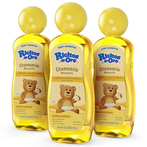 Ricitos de Oro Baby Shampoo with Chamomile – Gentle and Tear-Free Formula for Babies and Kids, Natural Lightening and Soft Conditioning Hair Care, Paraben-Free, Safe Daily Use, 8.4 fl oz, 3-Pack
