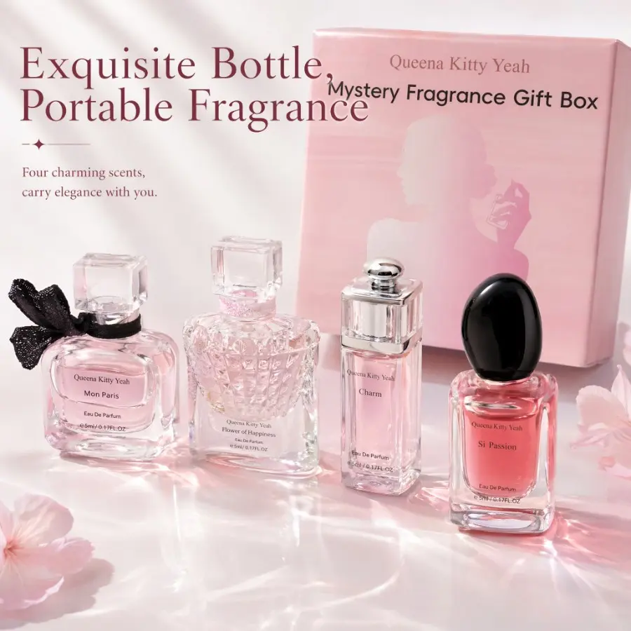 4 Pack 5ML Women's Perfume Gift Set, Queena Kitty Yeah 4 Unique Scents, Carefully Picked Scents, Elegant Fragrance Discovery Kit, Perfect Gift for Her, Travel-Friendly, Perfume Sets