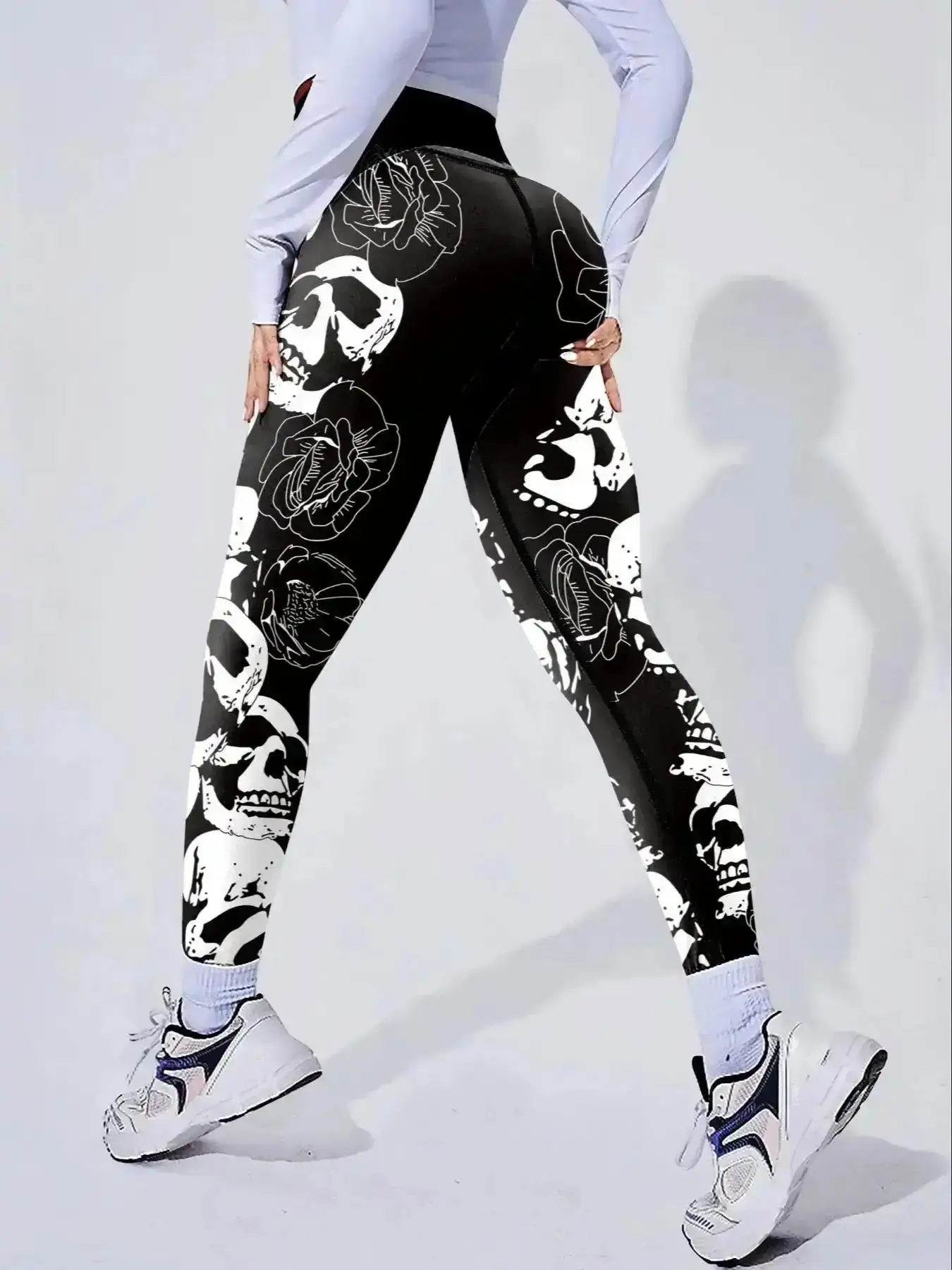 Women's Skull & Flower Print, Casual Comfy Breathable High Stretch Skinny Pants for Yoga for Fitness Gym Workout Running, Ladies Bottoms for All Seasons, Scrunch Sports Leggings, Breathable Sporty Versatile, Stretchy