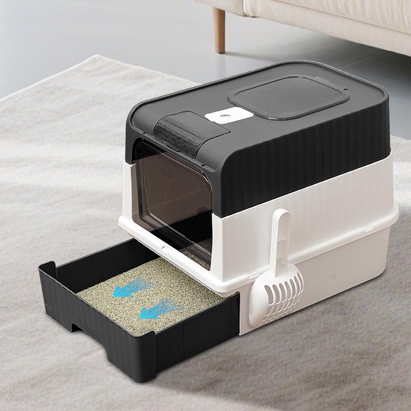 An extra-large, fully enclosed cat litter box featuring a pull-out drawer for easy cleaning, built-in UV light sterilization, and a design that effectively contains litter scatter.