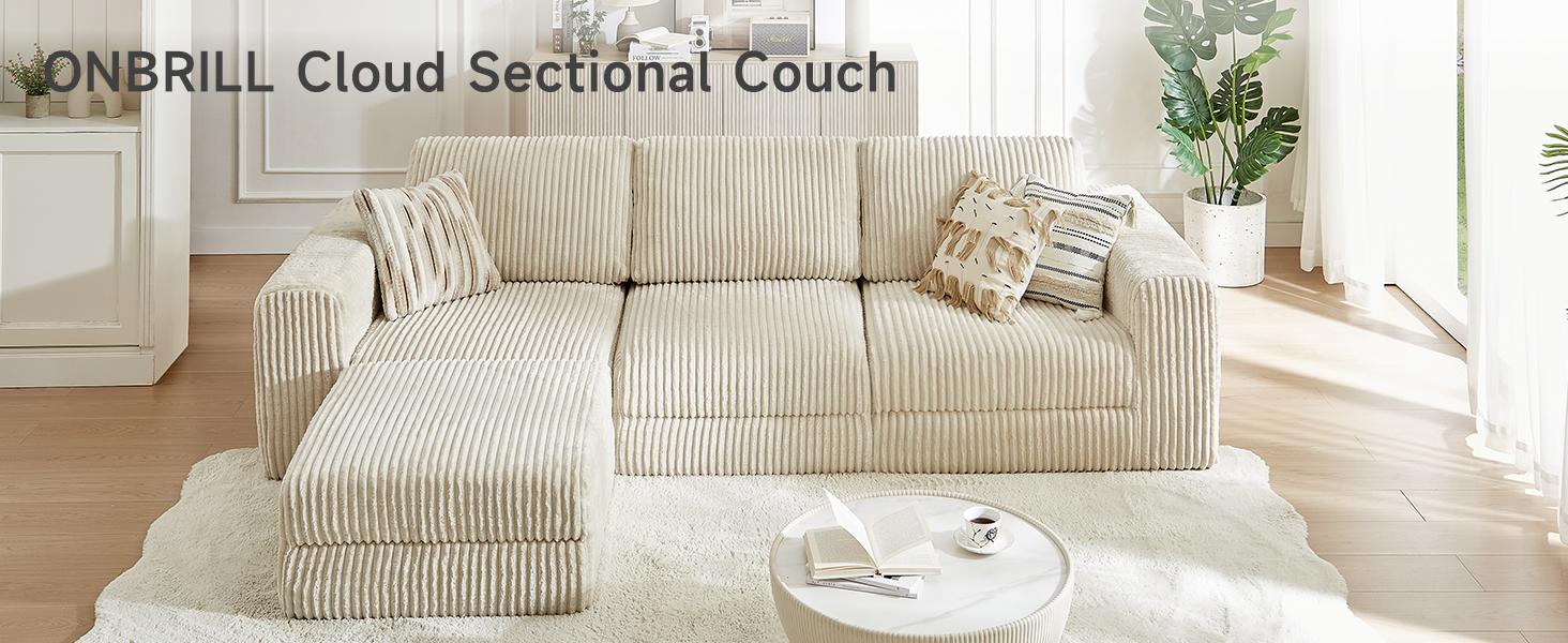 【With 1 Movable Ottoman & SPOTLIGHT DAY】ONBRILL 108" Gorgeous Cloud U Shaped Modular Sectional Sofa, Comfy 3-Seater Modern Luxury Sectional Couch, Deep Seat Couch for Living Room Bedroom Furniture,BlackFridayDeal