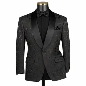 Men’s Floral Jacquard Shawl Lapel Blazer with Matching Bow Tie – Formal Tuxedo Jacket – Black