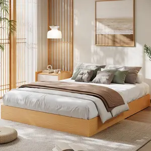 Queen Size Wood Platform Bed Frame, Wooden Bed Frame Without Headboard, Wood Slat Support, No Box Spring Needed, Easy Assembly, Pine