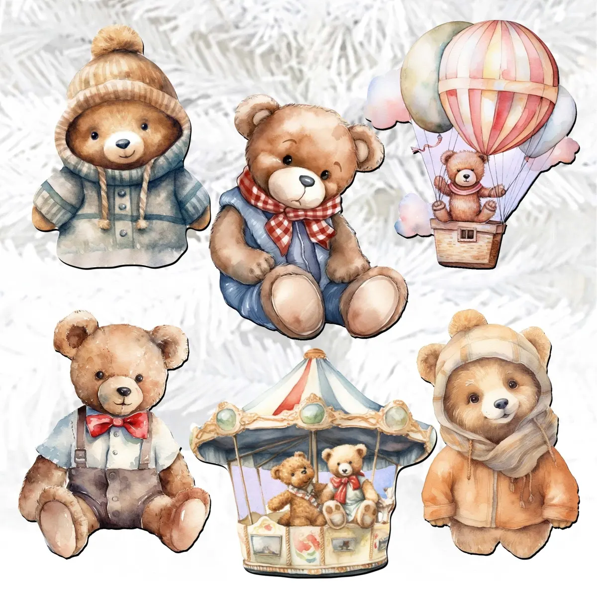 Designocracy UV-Coated Embossed Rustic Charm Animal Teddy Bear Wooden Clip-On Ornaments, 2x2x0.25in, 0.8 lbs, Christmas Home Festive Decor Gift Set of 6 (8090025C-S6) with Attached Clips for Tree Display