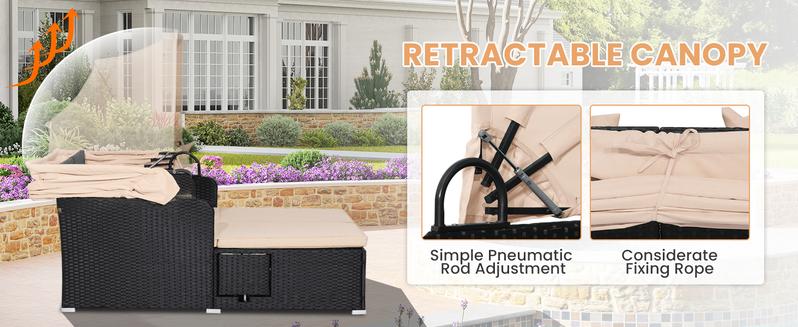 COSTWAY Outdoor Daybed, 2-Person Wicker Chaise Lounge with Retractable Canopy, Cushions & Pillows, 2 Side Trays, Patio Double Sofa PE Rattan Sunbed Lounger for Deck Poolside Garden Balcony