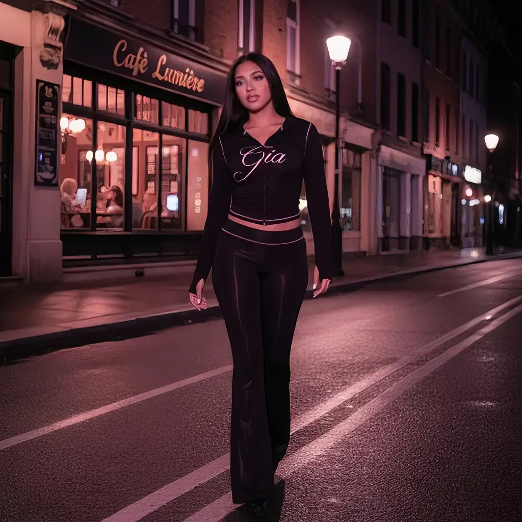 Y2K Gia Style 2 Piece Outfits for Women, Black Long SleeveZip Up Crop Top & High Waist Flare Pants Set, Retro 2000sAesthetic Streetwear, Slim Fit Stretch Casual Tracksuit,Perfect for Clubwear, Daily Outing & Street Style