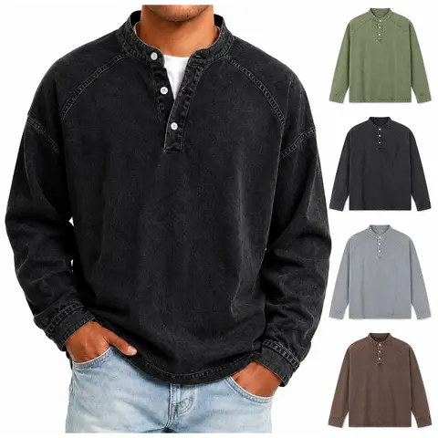 Gihuo Men's Cotton Henley Shirt, Vintage Acid Washed Long Sleeve Tee, Relaxed Fit Non-Stretch Shrink-Resistant Retro Streetwear Top
