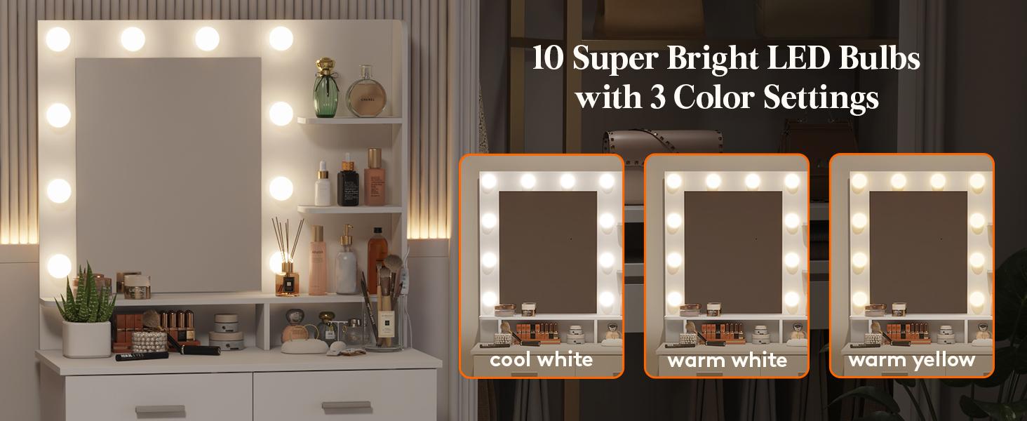 Lifewit Vanity Desk Set with Mirror and Lights, White Makeup Table with 2 Drawers & Chair 3 Adjustable Brightness Wooden Top Iron Frame Mothers Day Gifts