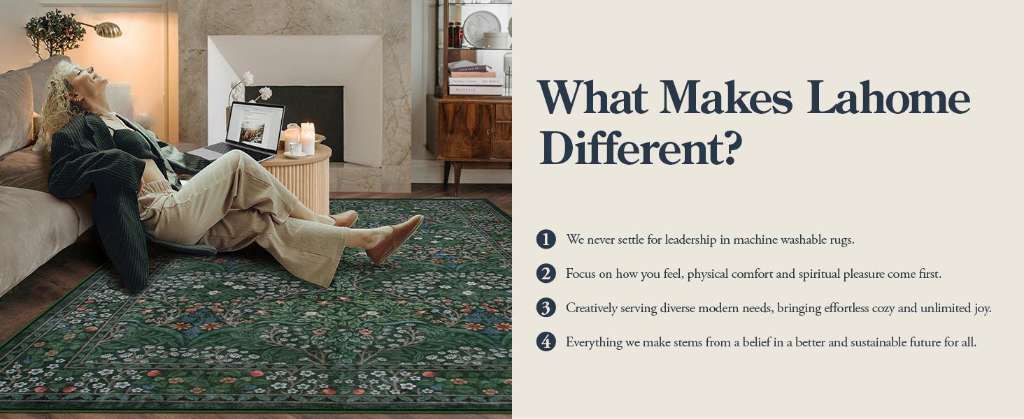 Lahome Floral Area Rugs, Soft Washable Rugs for Living Room Bedroom, Boho Non-Slip Forest Large Throw Carpet for Farmhouse Dining Room Office