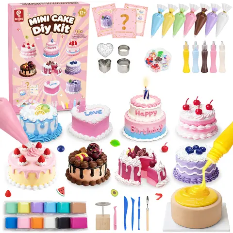BEIREG Unisex Kids' DIY Mini Cakes Bake Kitchen Toy Set - Resin Clay Pretend Dessert Craft Kit with Cream Glue, 65+ Accessories, 10+ Cake Designs, Metal/Heart & Round Molds, STEM Creativity Display, 8-10 Years Christmas Gift