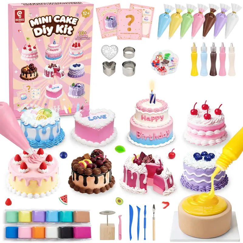 BEIREG Unisex Kids' DIY Mini Cakes Bake Kitchen Toy Set - Resin Clay Pretend Dessert Craft Kit with Cream Glue, 65+ Accessories, 10+ Cake Designs, Metal/Heart & Round Molds, STEM Creativity Display, 8-10 Years Christmas Gift,familyfun