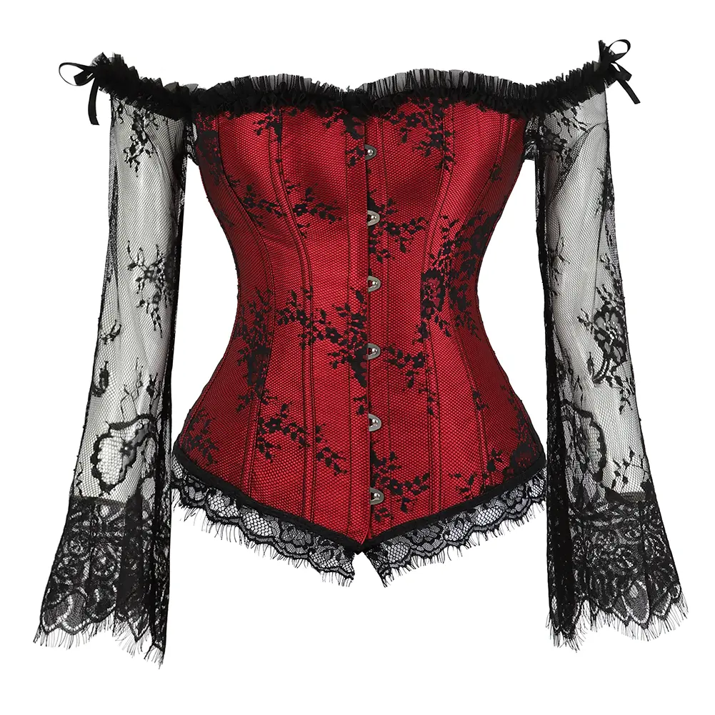 Women's Overbust Lace Sleeve Corset Top - Lace-Up Bodice, Tummy Control, Gothic Renaissance Corset Clothes for Halloween Costumes, Party Outfits - Minimalist Style Accessories 8125-D1