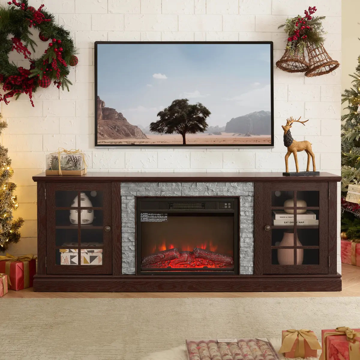 70" Stable Durable Modern Freestanding TV Stand Furniture - 23" Electric Fireplace, 2-Door Storage Stacked Stone Console Table, Cherry MDF+Glass Unit with 6 Cable Management Cutouts (70.12"w*15.35"d*25.83"h), Assembly Required