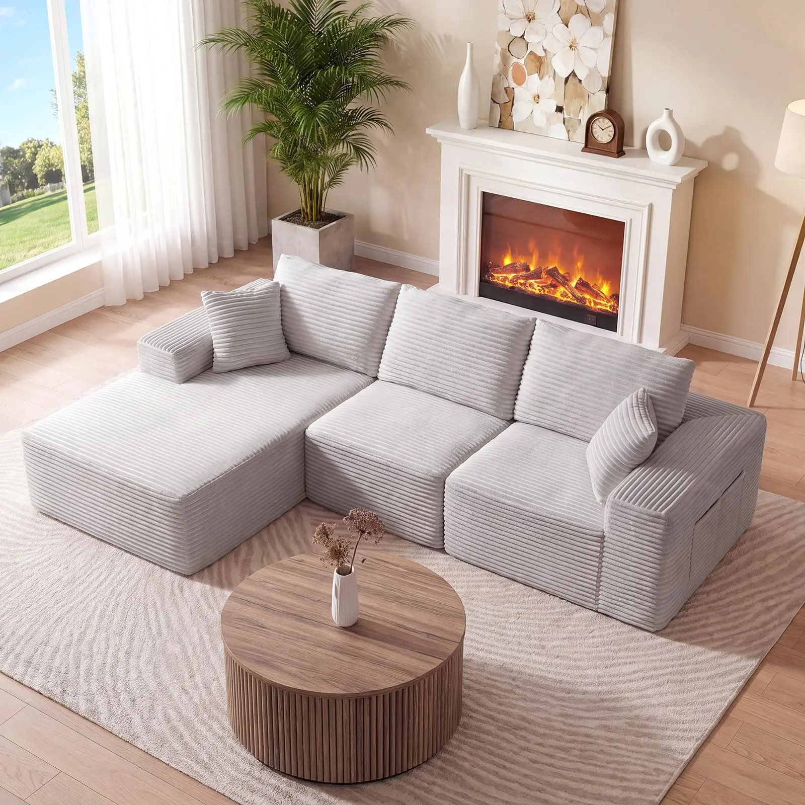 Garvee Cloud Couch Sectional Sofa Set featuring 1 chaise, 1 middle seat, and 1 side seat with full compression D30 sponge and corduroy upholstery, available in grey, beige, and black colors.