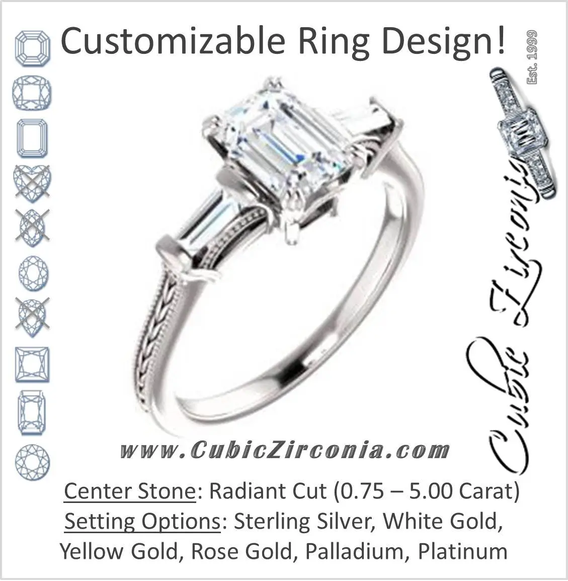Cubic Zirconia Engagement Ring- The Kimiko (Customizable 3-stone Radiant Cut Design with Baguette Accents and Thin Wheat-Filigree Band)