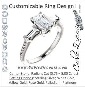 Cubic Zirconia Engagement Ring- The Kimiko (Customizable 3-stone Radiant Cut Design with Baguette Accents and Thin Wheat-Filigree Band)