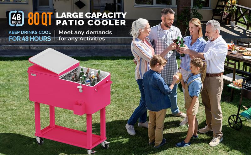 VINGLI 80 Quart Rolling Ice Chest, Portable Patio Party Bar Drink Cooler Cart, with Shelf, Beverage Pool with Bottle Opener VINGLI 80 Quart Rolling Ice Chest, Portable Patio Party Bar Drink Cooler Cart, with Shelf, Beverage Pool with Bottle Opener