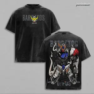 Gundam Barbatos Lupus Shirt ASW-G-08 Mecha Oversize anime Double Printed Acid Cotton Washed Top graphic tee shirt clothes fan T-shirt Vintage