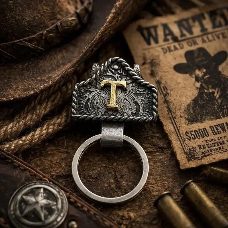 Handmade Cow Tag Belt Key Holder with Copper Initial – Custom Western Keychain for Men & Women, Texas-Inspired Cowboy Keychain, Fashion Accessory for Bags, Keys & Gifts