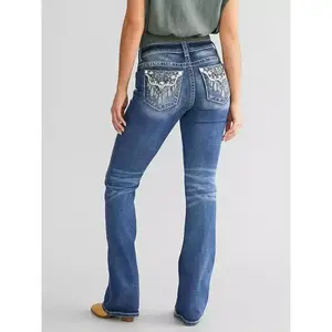 Embroidered tight height waisted denim pants flared pants high rise jeans Comfort WomenswearGift（gift）