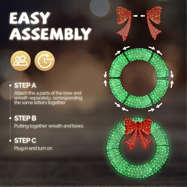 48/60in Pre-Lit Christmas Wreath - 315 LED Outdoor Decor w/Timer Remote, Weather-Resistant Metal Frame & Red Bow (Green/Red)